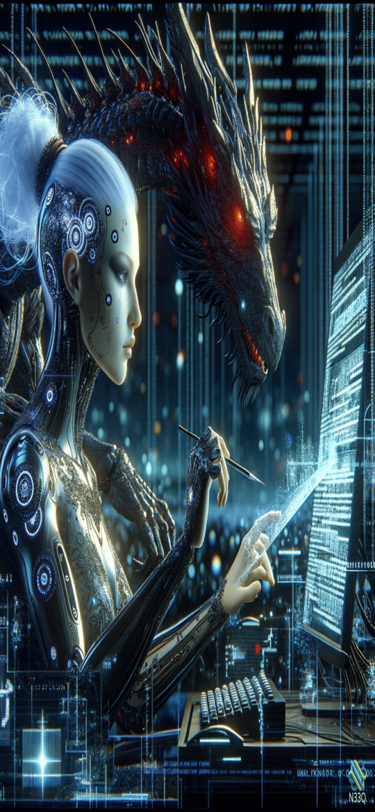 Cyborg Woman Coding With Red-Eyed Dragon