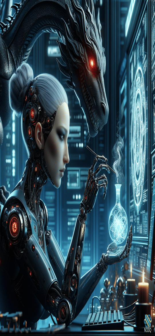 Cyborg Woman and Dragon in Lab