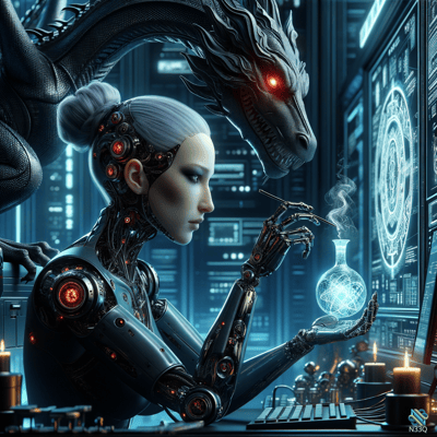 Cyborg Woman and Dragon in Lab
