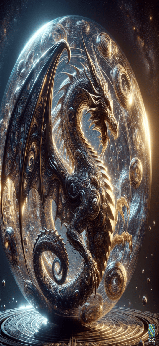 Dragon Within Ornate Glowing Cosmic Sphere