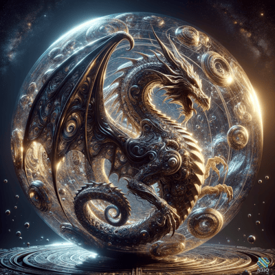 Dragon Within Ornate Glowing Cosmic Sphere
