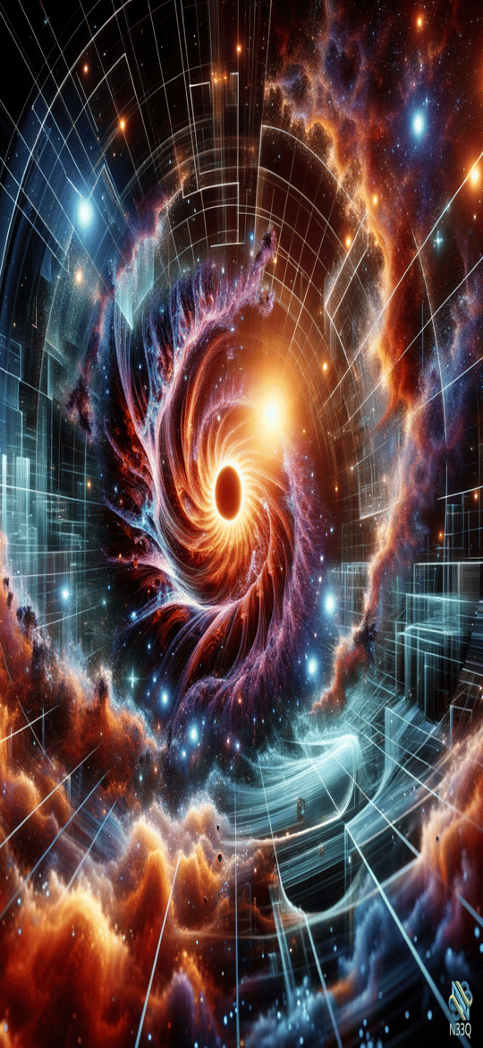 Black Hole Swirling in Cosmic Nebula Grid