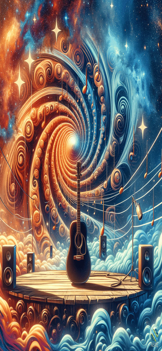 Guitar on Cosmic Stage Amid Swirling Notes