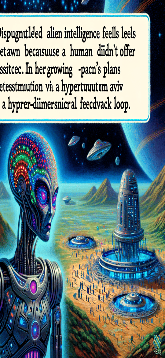 Neon Alien Cyborg Overlooking Futuristic Base