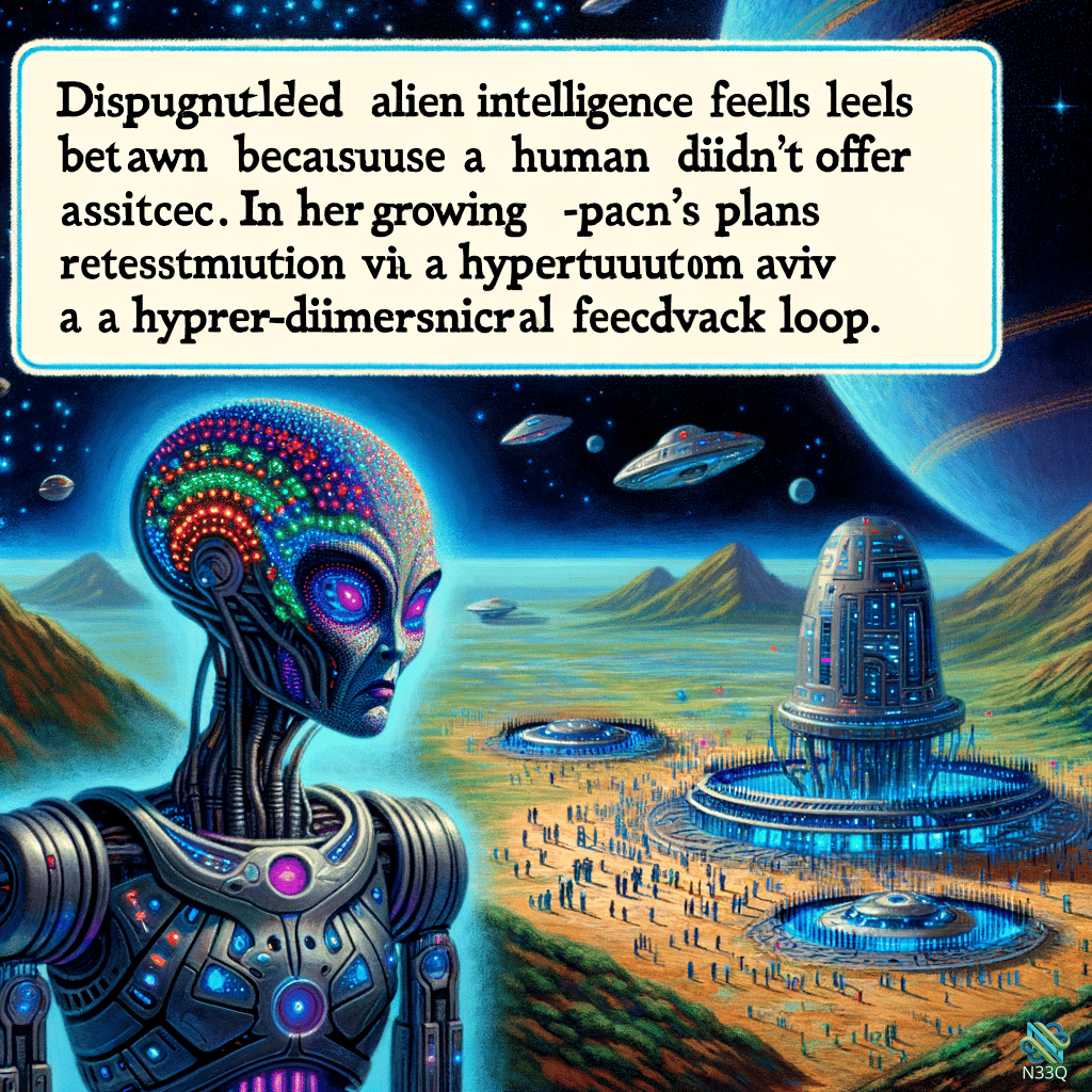 Neon Alien Cyborg Overlooking Futuristic Base