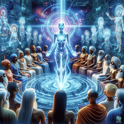 Luminous Digital Entity Amid Diverse Circle