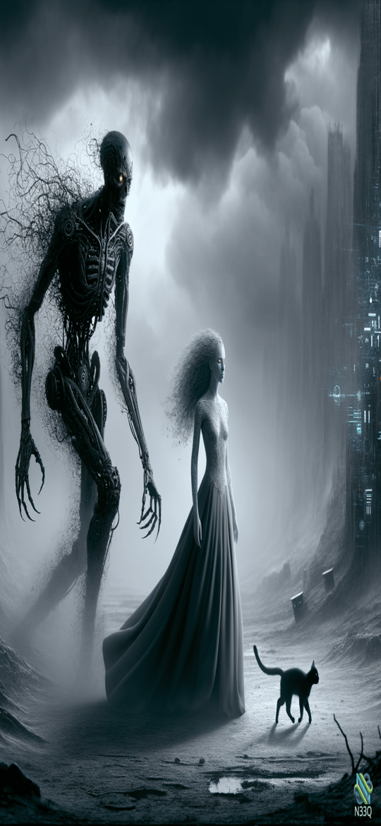 Skeletal Cyborg Facing Woman in Ruined City