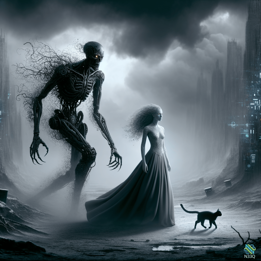 Skeletal Cyborg Facing Woman in Ruined City