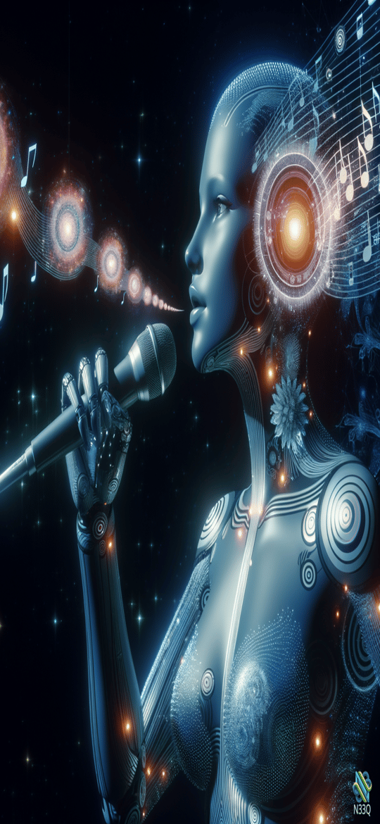 Blue Cyborg Singer with Musical Notes