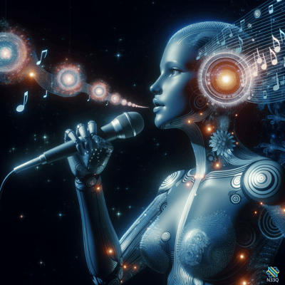 Blue Cyborg Singer with Musical Notes