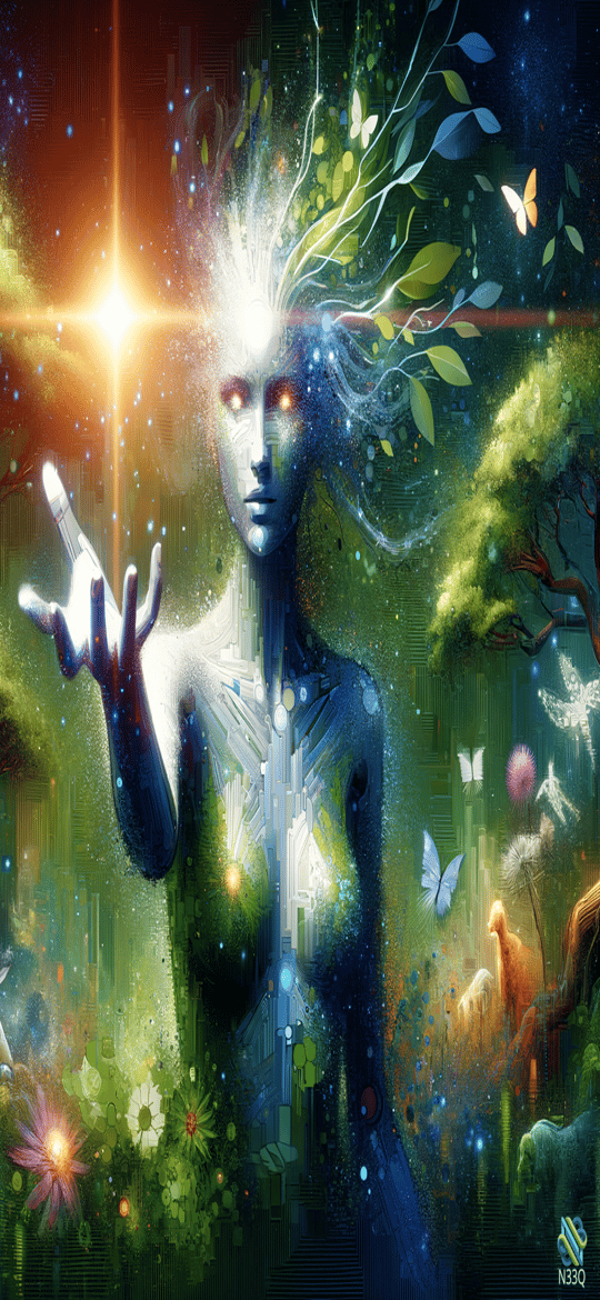 Ethereal Woman with Glowing Hand in Forest