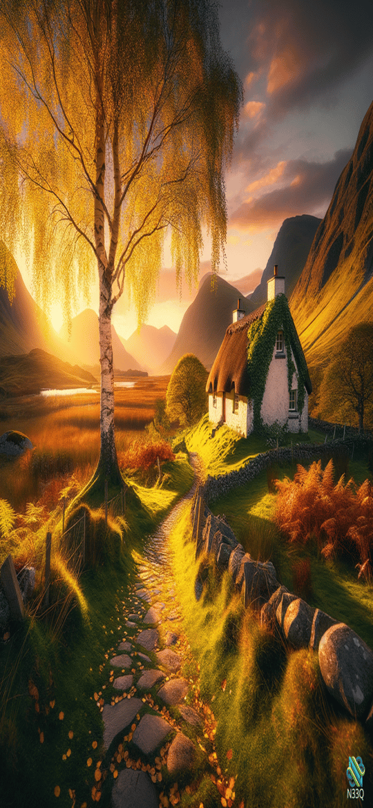 Birch Tree Path to Thatched Cottage at Sunset