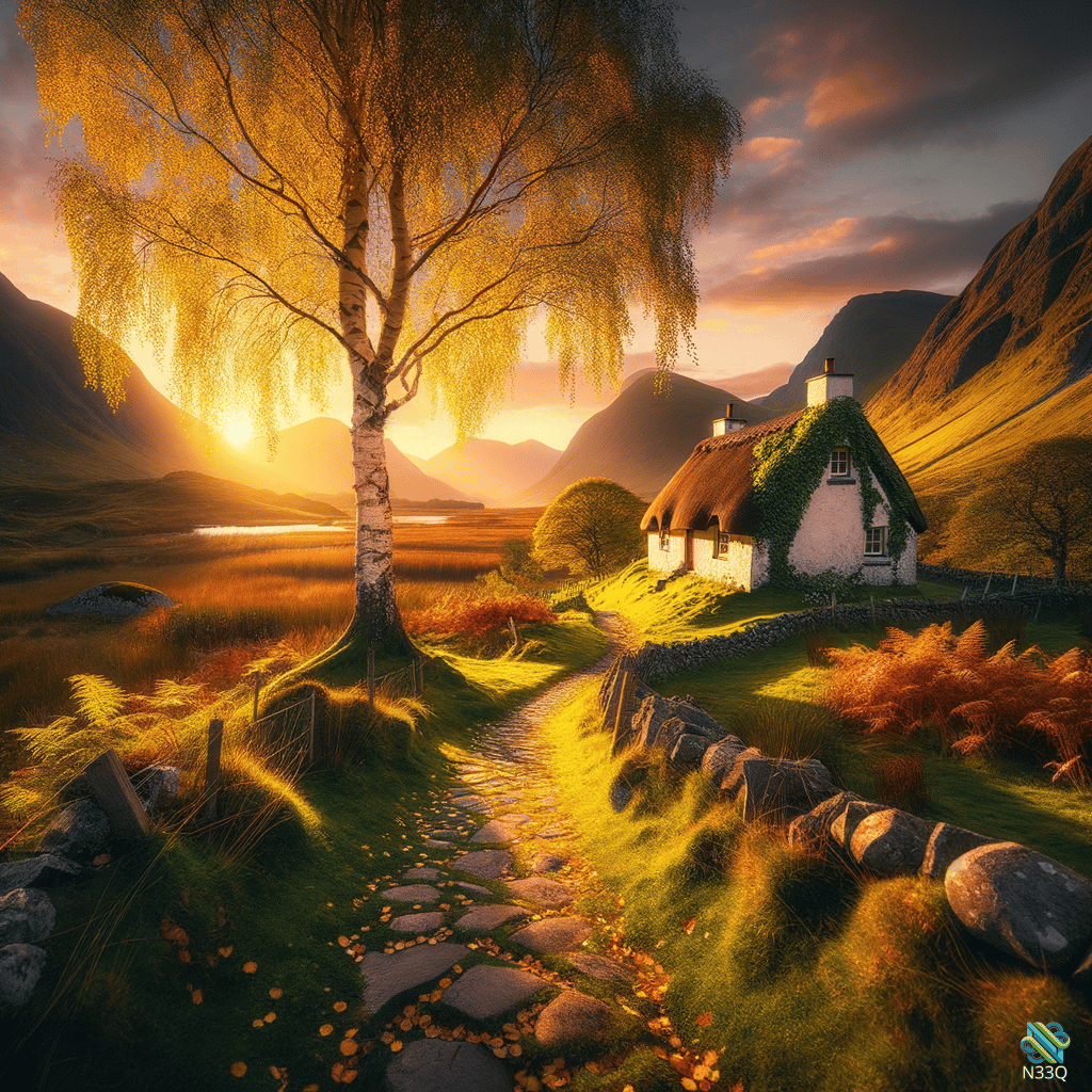 Birch Tree Path to Thatched Cottage at Sunset