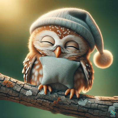 Sleeping Owl in Nightcap with Pillow
