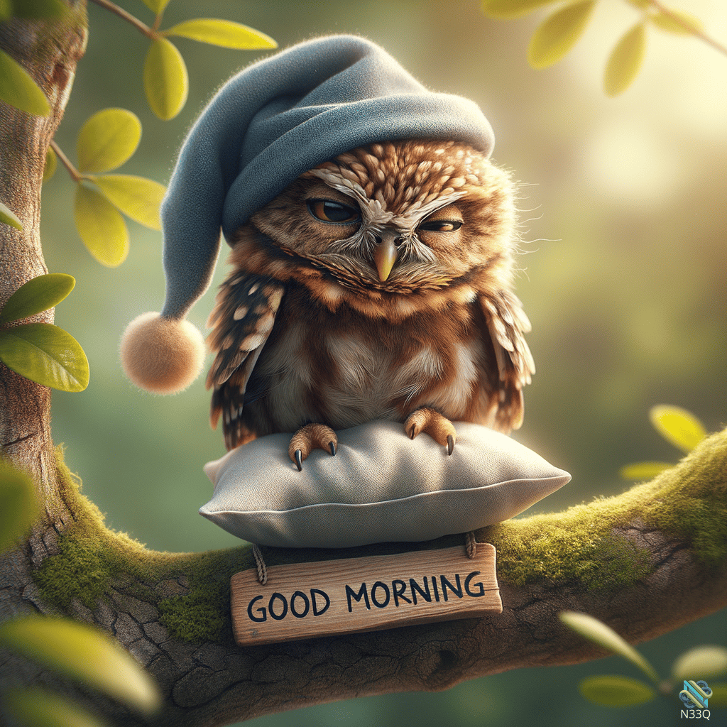 Sleepy Owl in Blue Nightcap on Pillow