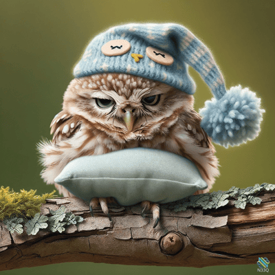 Sleepy Owl in Blue Nightcap on Branch