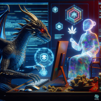 Dragon Typing Beside Holographic Cannabis Figure
