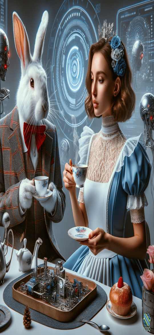 White Rabbit and Alice Cyberpunk Tea Party
