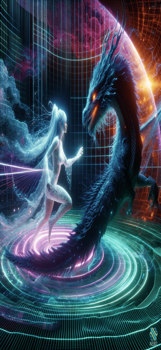 Luminous Woman Confronts Dragon in Neon Grid