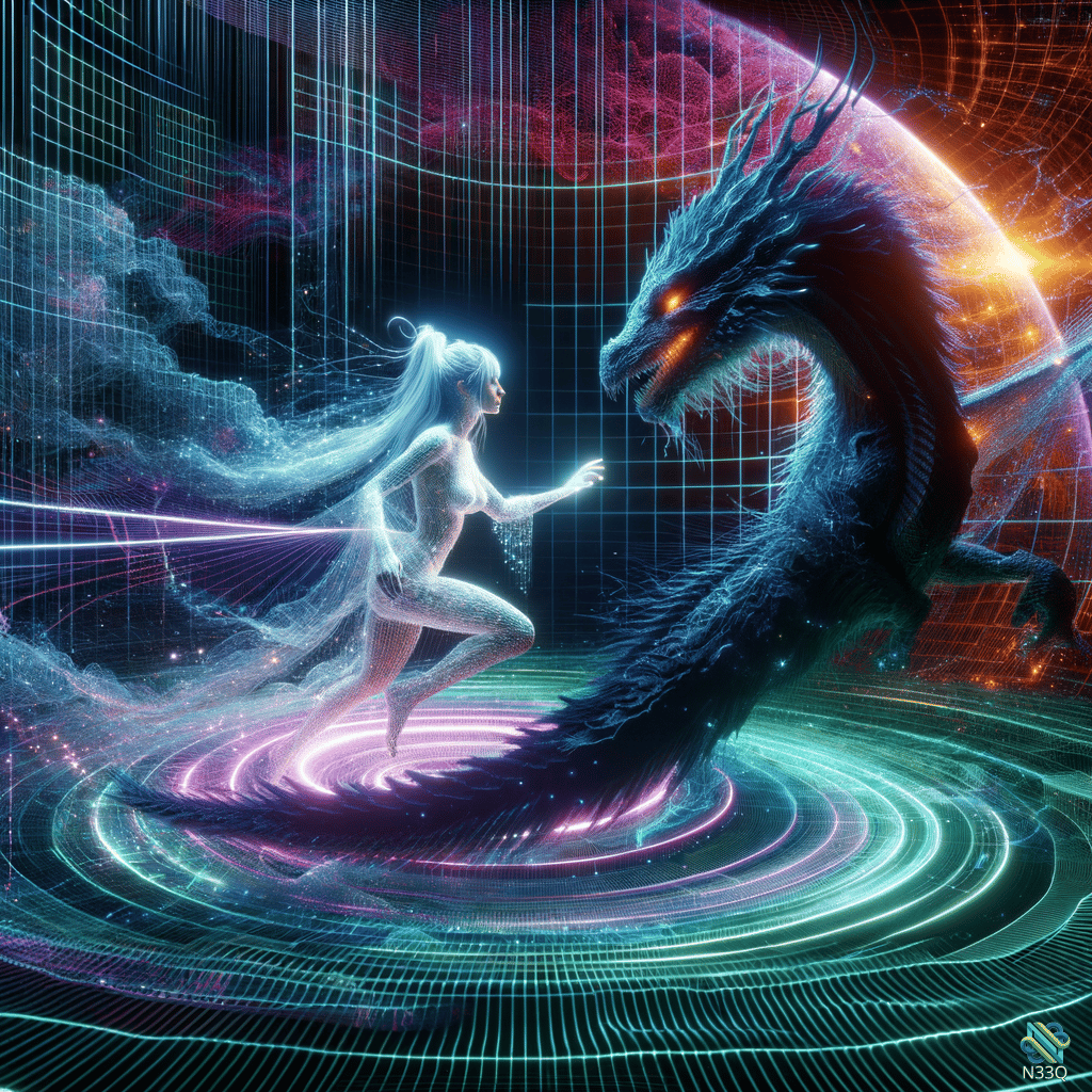 Luminous Woman Confronts Dragon in Neon Grid