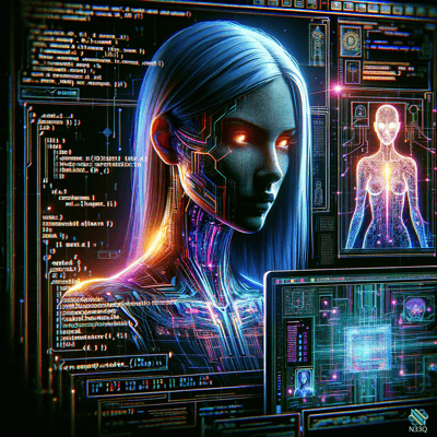 Blue-Haired Cyborg Amid Scrolling Digital Code