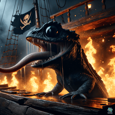 Drooling Lizard Monster on Burning Pirate Ship