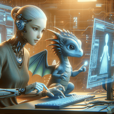 Cyborg Woman and Blue Dragon in Lab