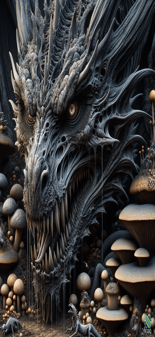 Menacing Dragon Head Amidst Mushrooms