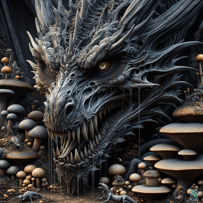 Menacing Dragon Head Amidst Mushrooms