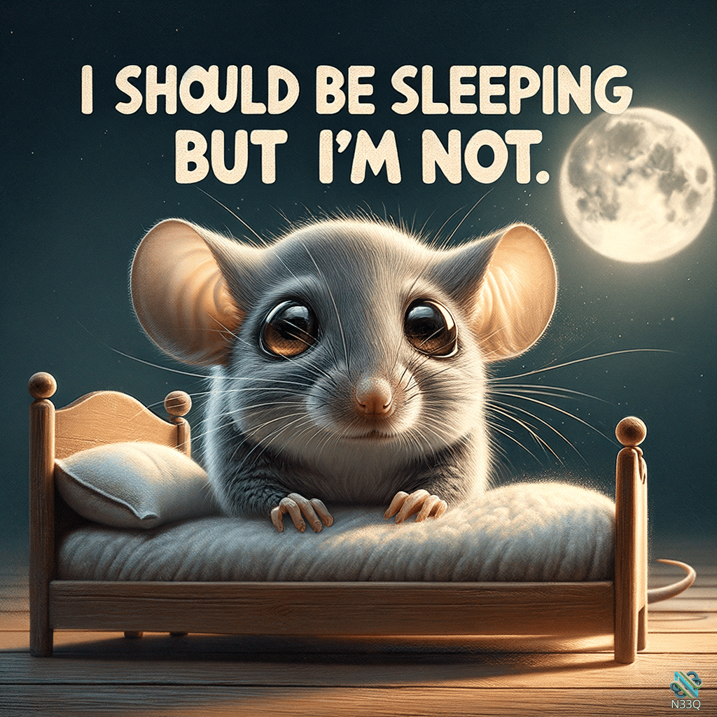 Awake Mouse in Tiny Wooden Bed