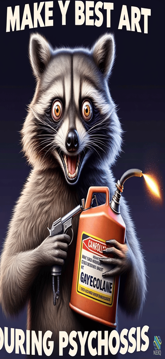 Raccoon with Gun and Flaming Gas Can