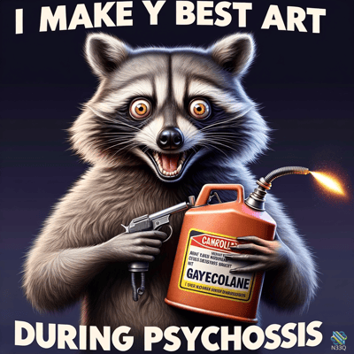 Raccoon with Gun and Flaming Gas Can