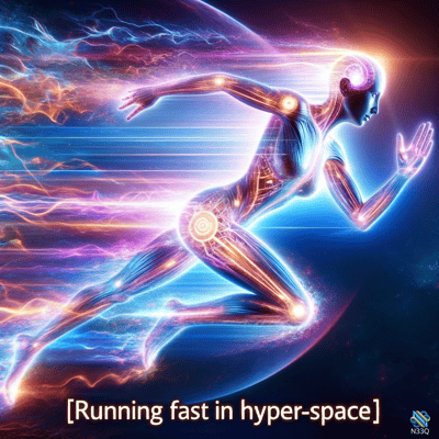 Glowing Cybernetic Woman Running in Hyperspace