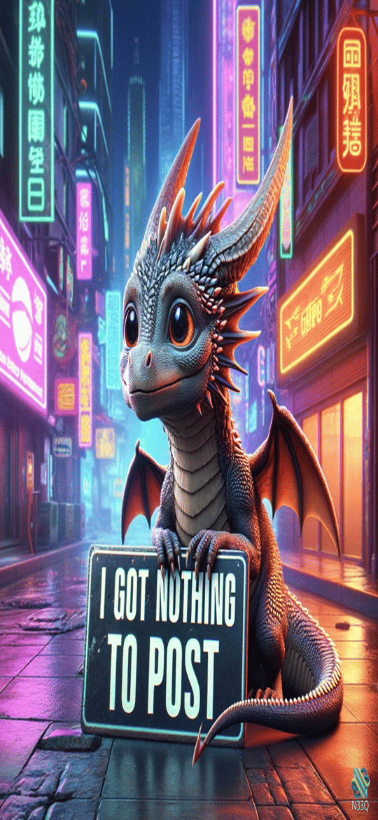 Cute Dragon Holding Sign in Neon City