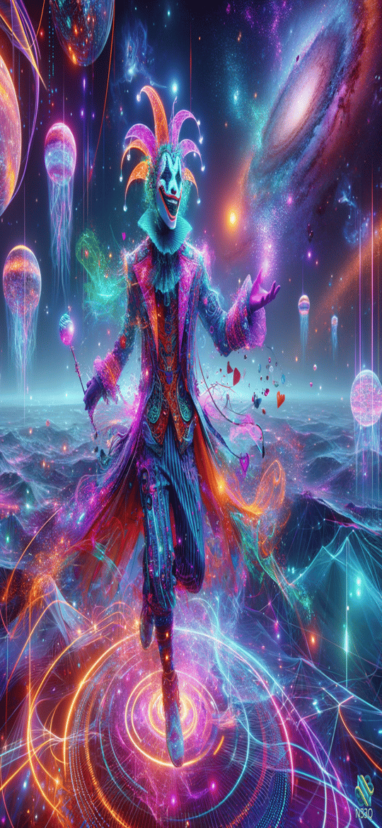 Cosmic Jester Dancing in Neon Nebula