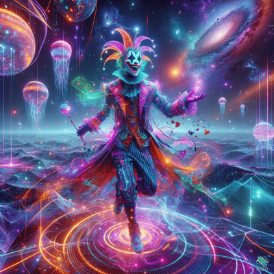 Cosmic Jester Dancing in Neon Nebula