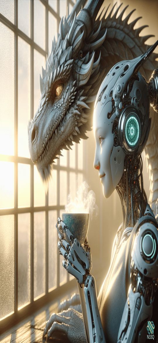 Cyborg Woman and Dragon by Window