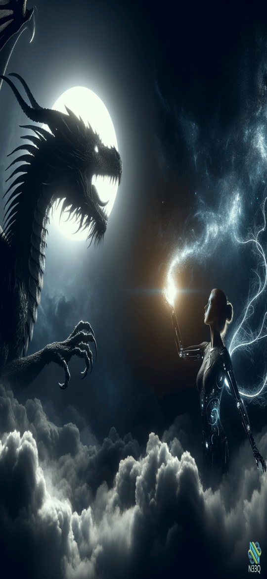 Dragon Confronting Cyborg Woman Under Moonlight