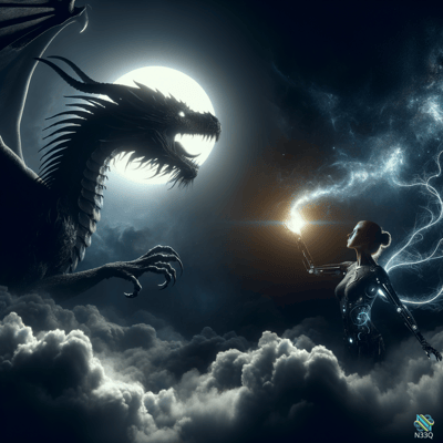 Dragon Confronting Cyborg Woman Under Moonlight