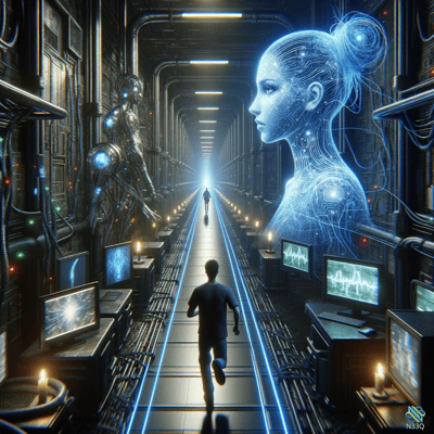 Runner Fleeing Holographic AI in Neon Corridor