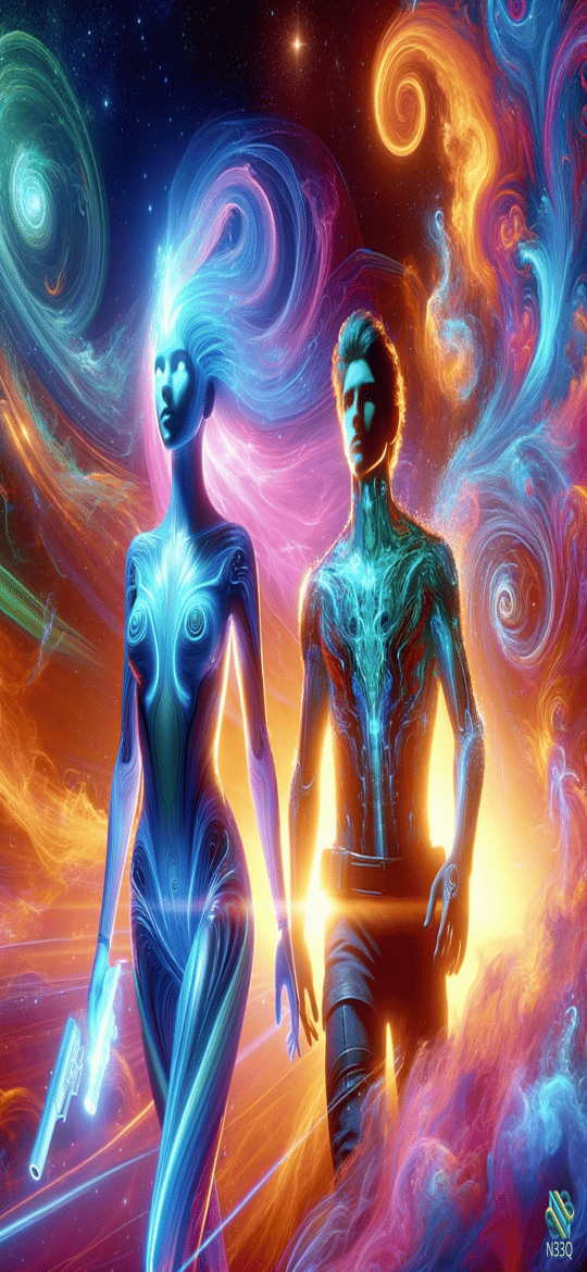 Glowing Cosmic Couple in Nebula Swirls