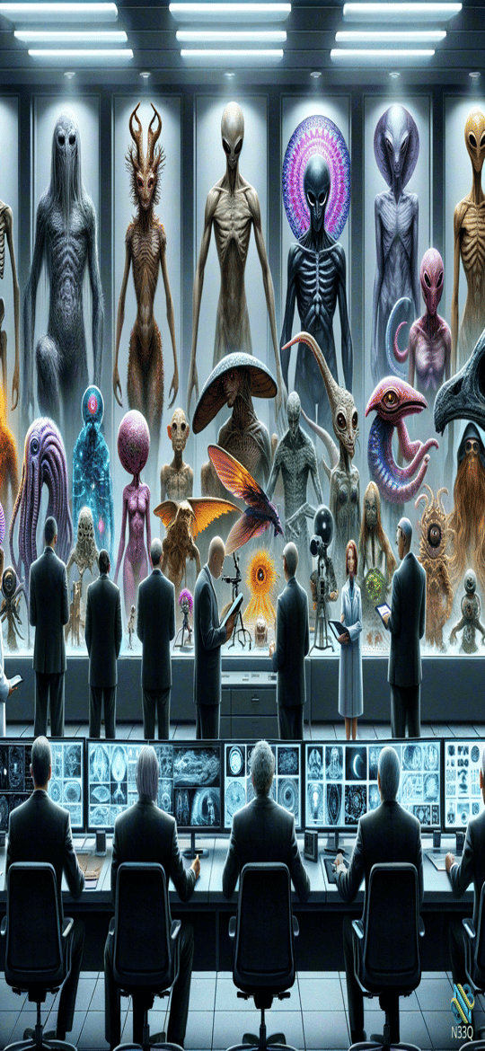 Scientists Observing Diverse Alien Specimens in Lab
