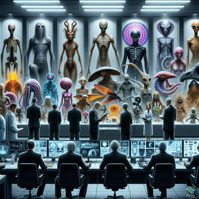 Scientists Observing Diverse Alien Specimens in Lab