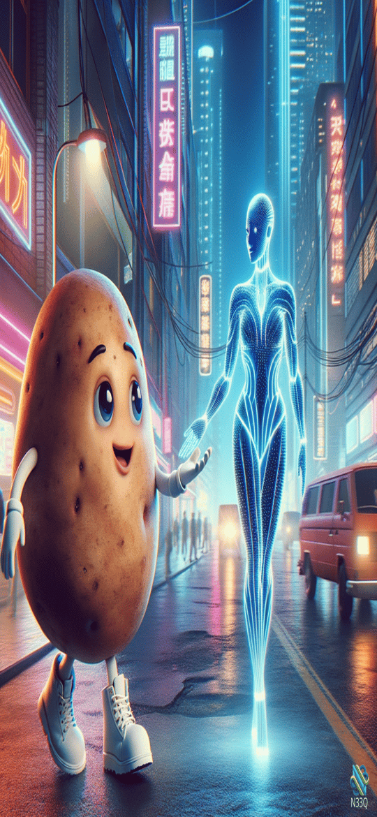 Anthropomorphic Potato Greets Holographic Woman on Neon Street
