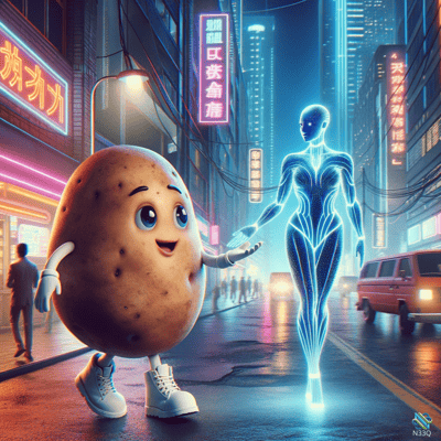 Anthropomorphic Potato Greets Holographic Woman on Neon Street