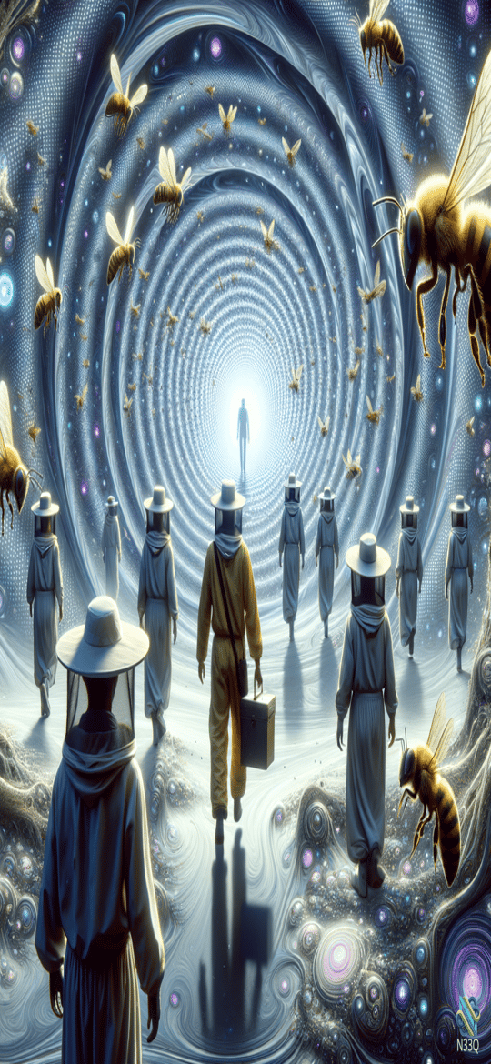 Beekeepers Entering Glowing Cosmic Bee Vortex