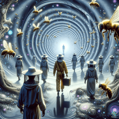 Beekeepers Entering Glowing Cosmic Bee Vortex