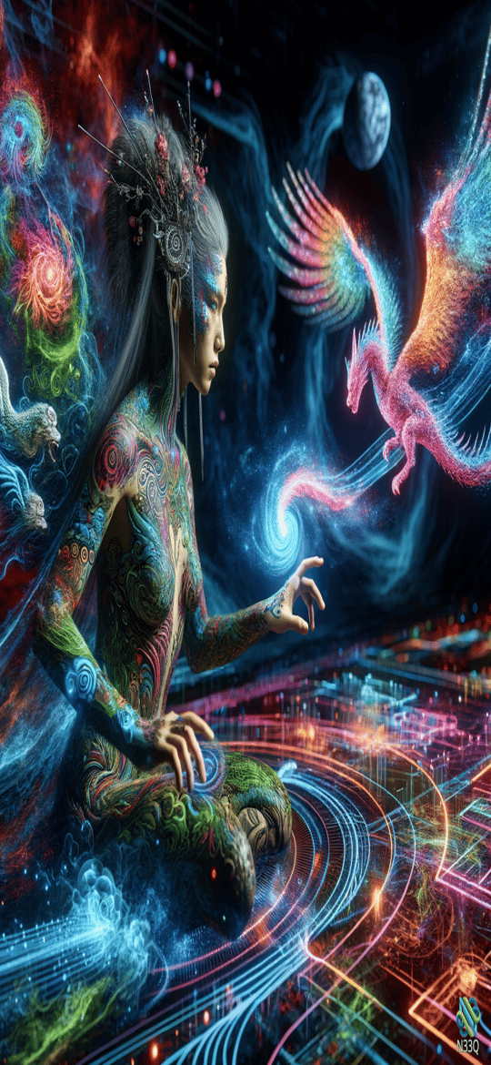Tattooed Woman Reaching for Luminous Dragon