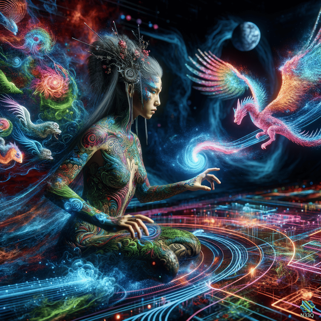 Tattooed Woman Reaching for Luminous Dragon