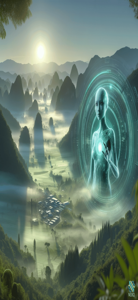 Holographic Woman Over Misty Mountain Valley